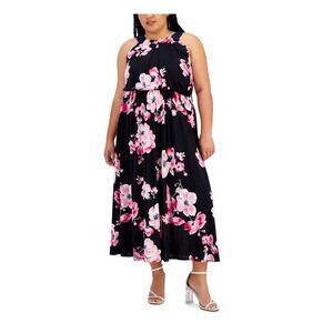 SIGNATURE BY ROBBIE BEE Womens Navy Elastic Waist Pullover Midi Dress Plus 2X